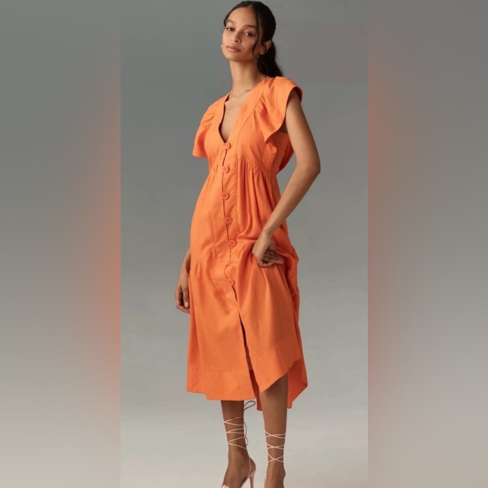 Anthropology Women's Orange Button-Front V-Neck Dress